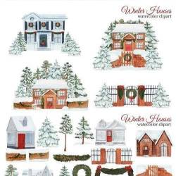 Creative Fabrica - Watercolor Winter House Clipart